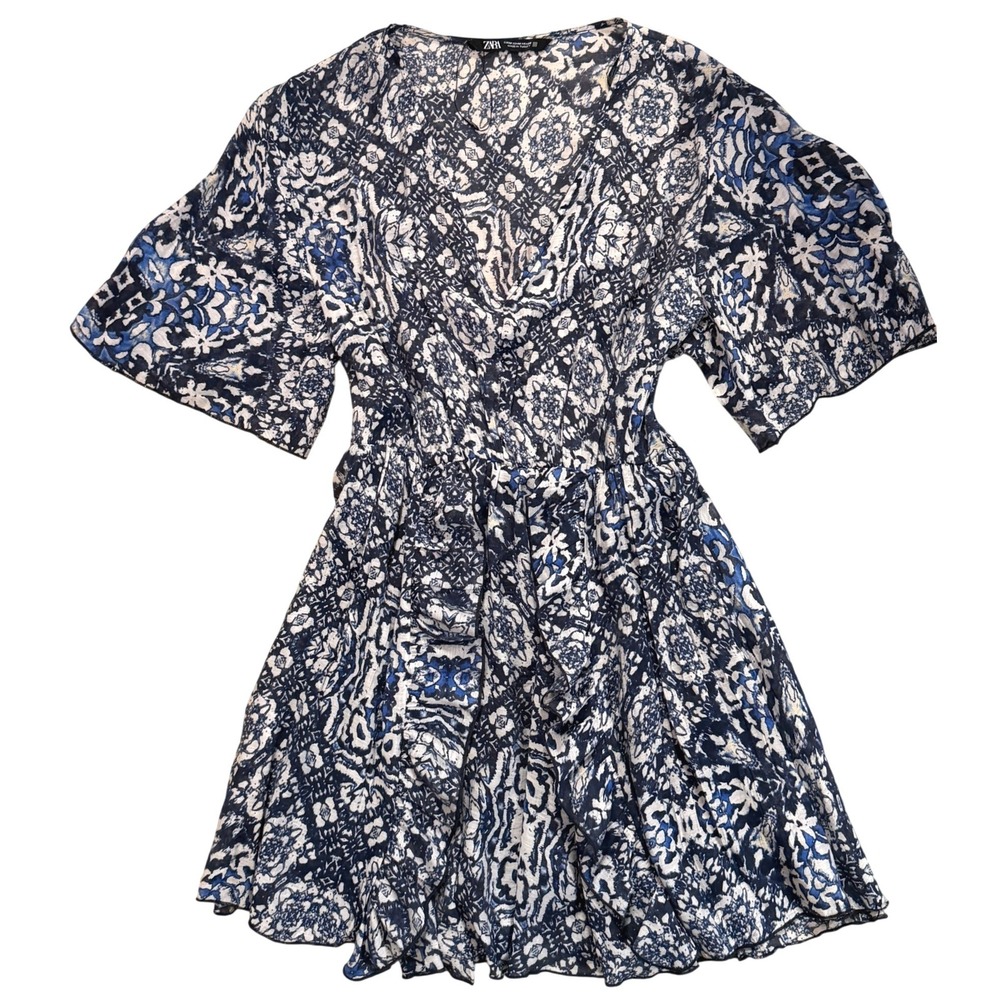 Zara Blue White Ruffle Front V Neck Mini Dress Womens‎ M Spring Boho Flowy